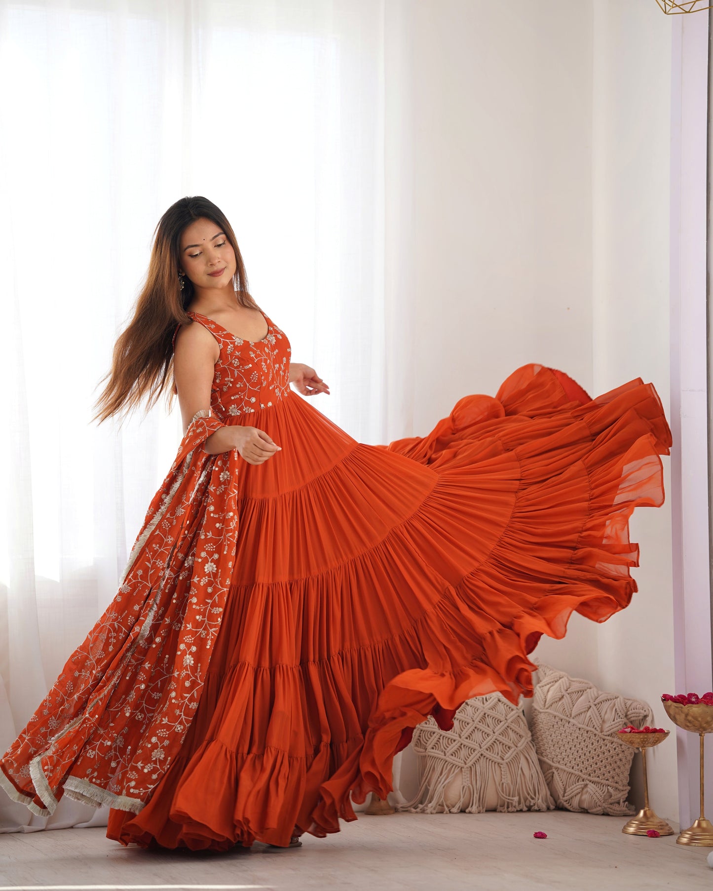 Orange Georgette Gown With Dupatta