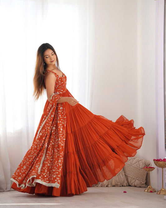 Orange Georgette Gown With Dupatta