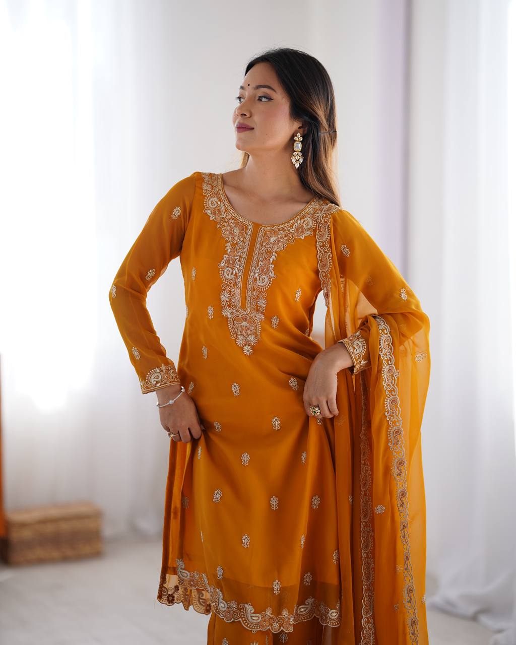Orange Georgette Embroidered Kurta Set