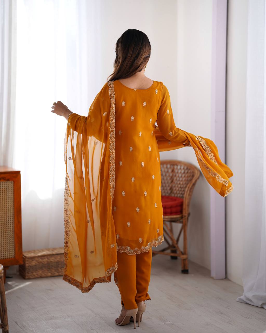 Orange Georgette Embroidered Kurta Set