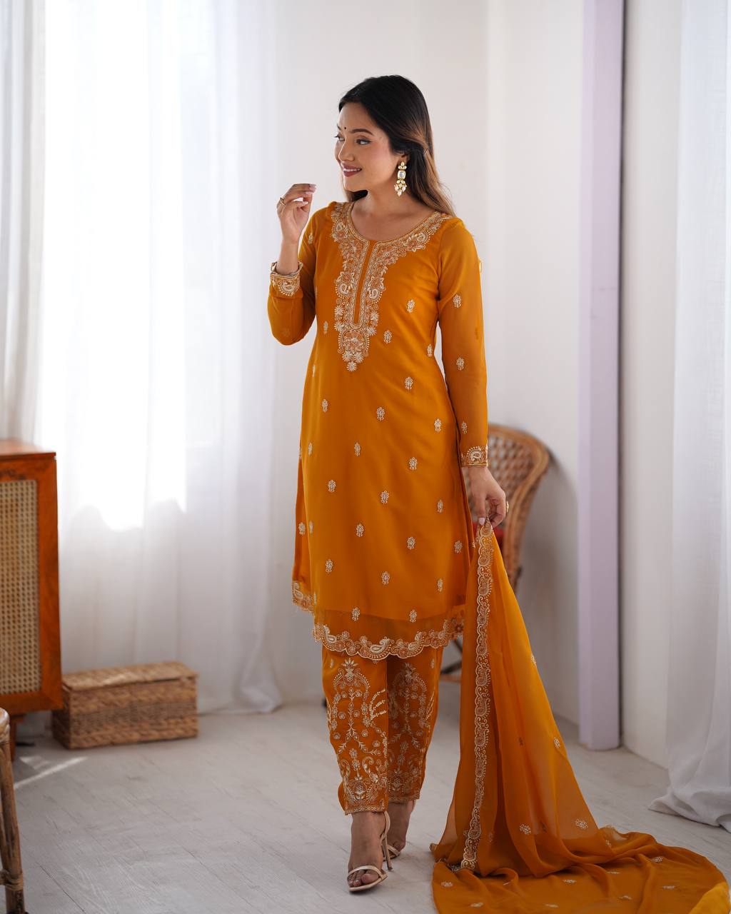 Orange Georgette Embroidered Kurta Set