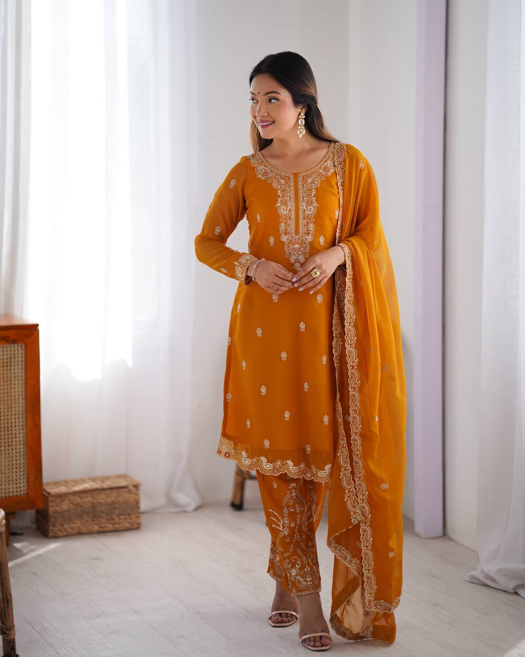 Orange Georgette Embroidered Kurta Set