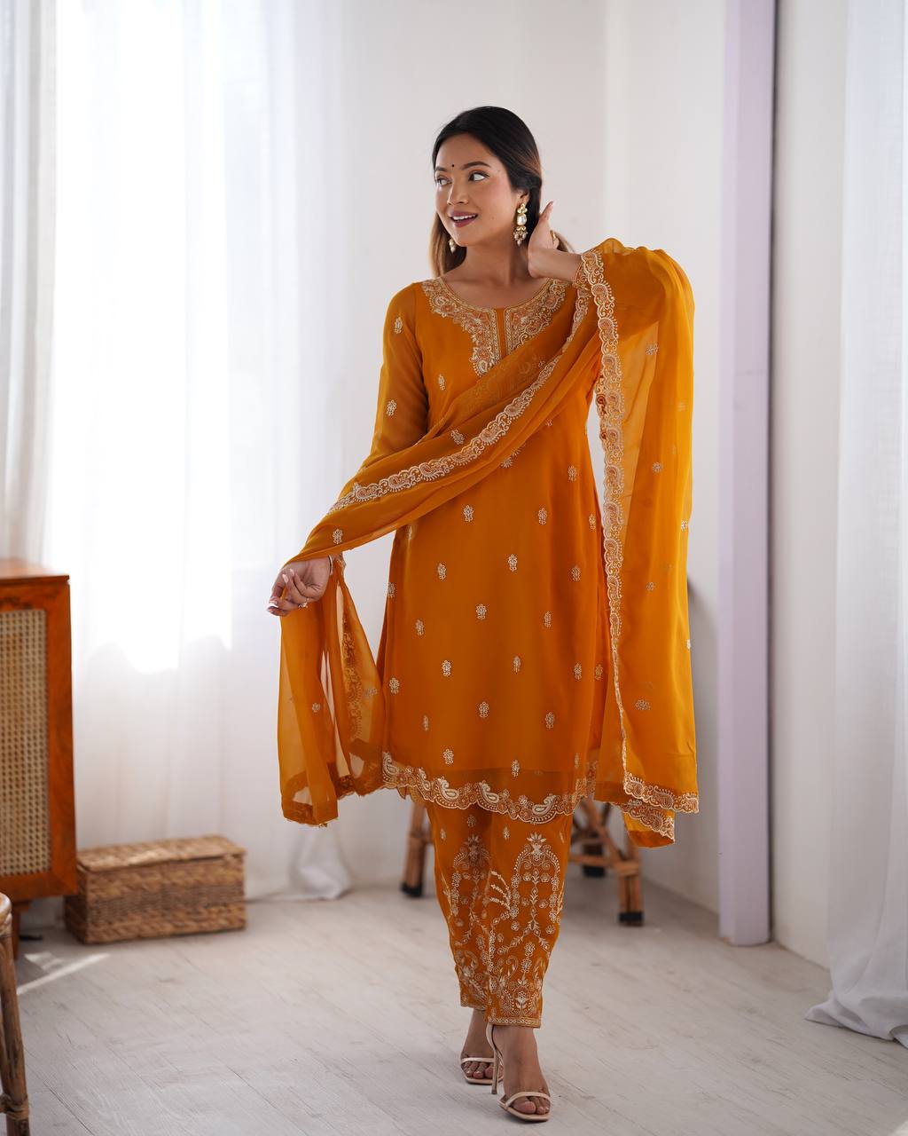 Orange Georgette Embroidered Kurta Set