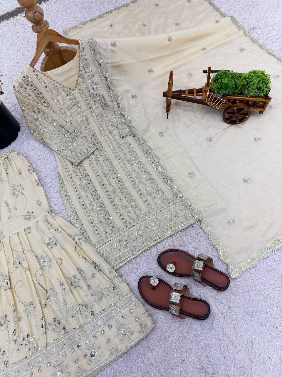 Orvina Designer Ivory Sharara Suit Set With Heavy Sequins & Embroidery Detailing Work