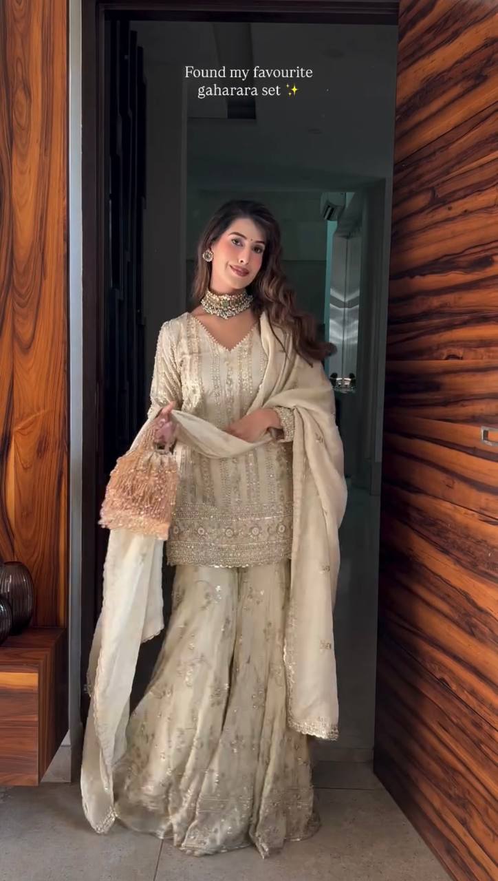 Orvina Designer Ivory Sharara Suit Set With Heavy Sequins & Embroidery Detailing Work