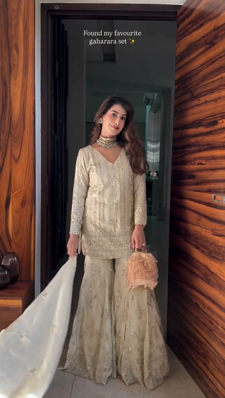 Orvina Designer Ivory Sharara Suit Set With Heavy Sequins & Embroidery Detailing Work