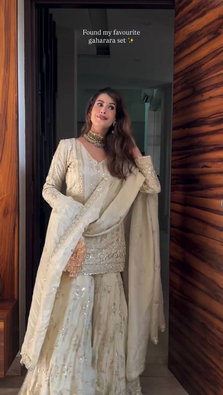 Orvina Designer Ivory Sharara Suit Set With Heavy Sequins & Embroidery Detailing Work