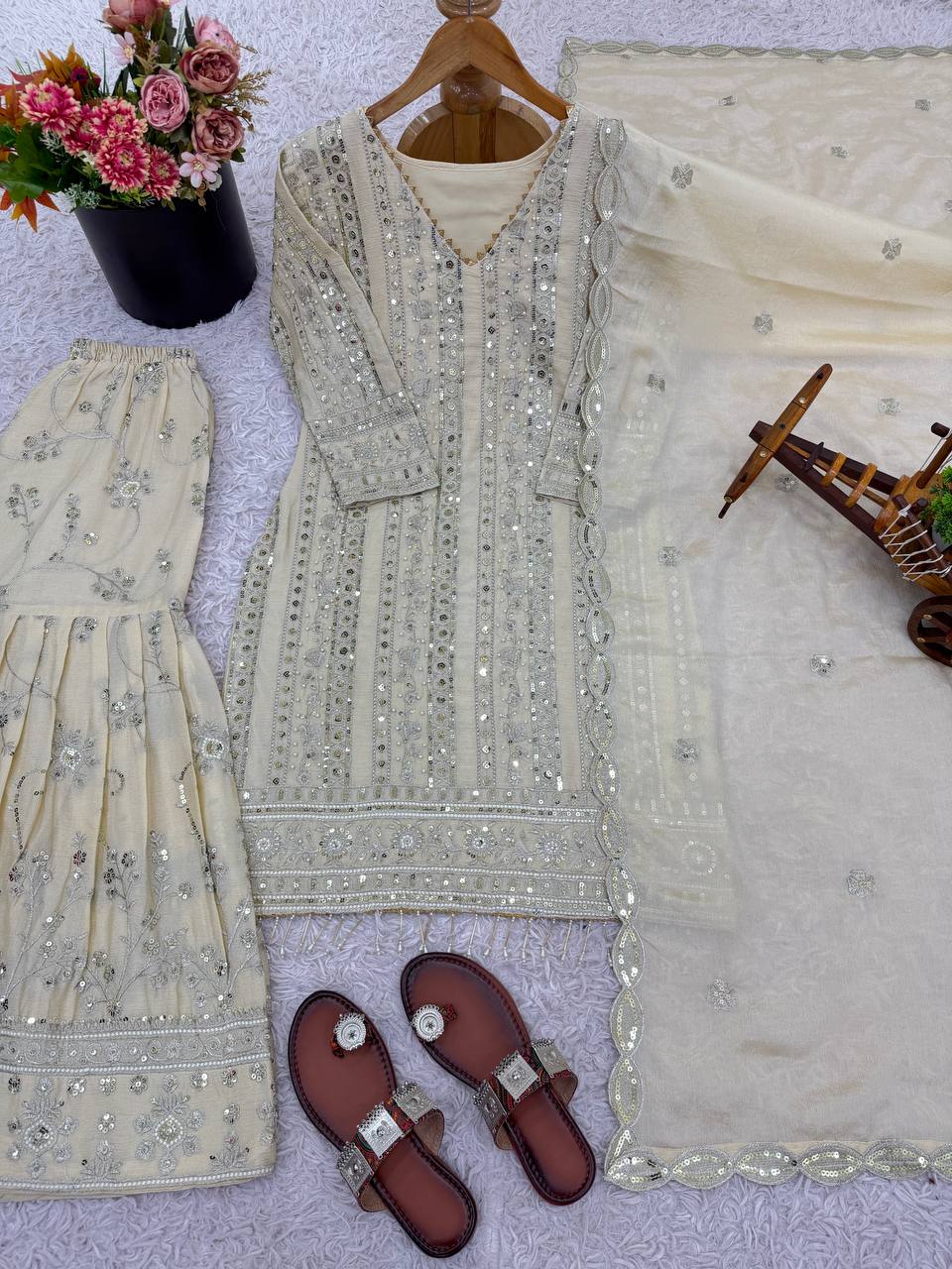 Orvina Designer Ivory Sharara Suit Set With Heavy Sequins & Embroidery Detailing Work