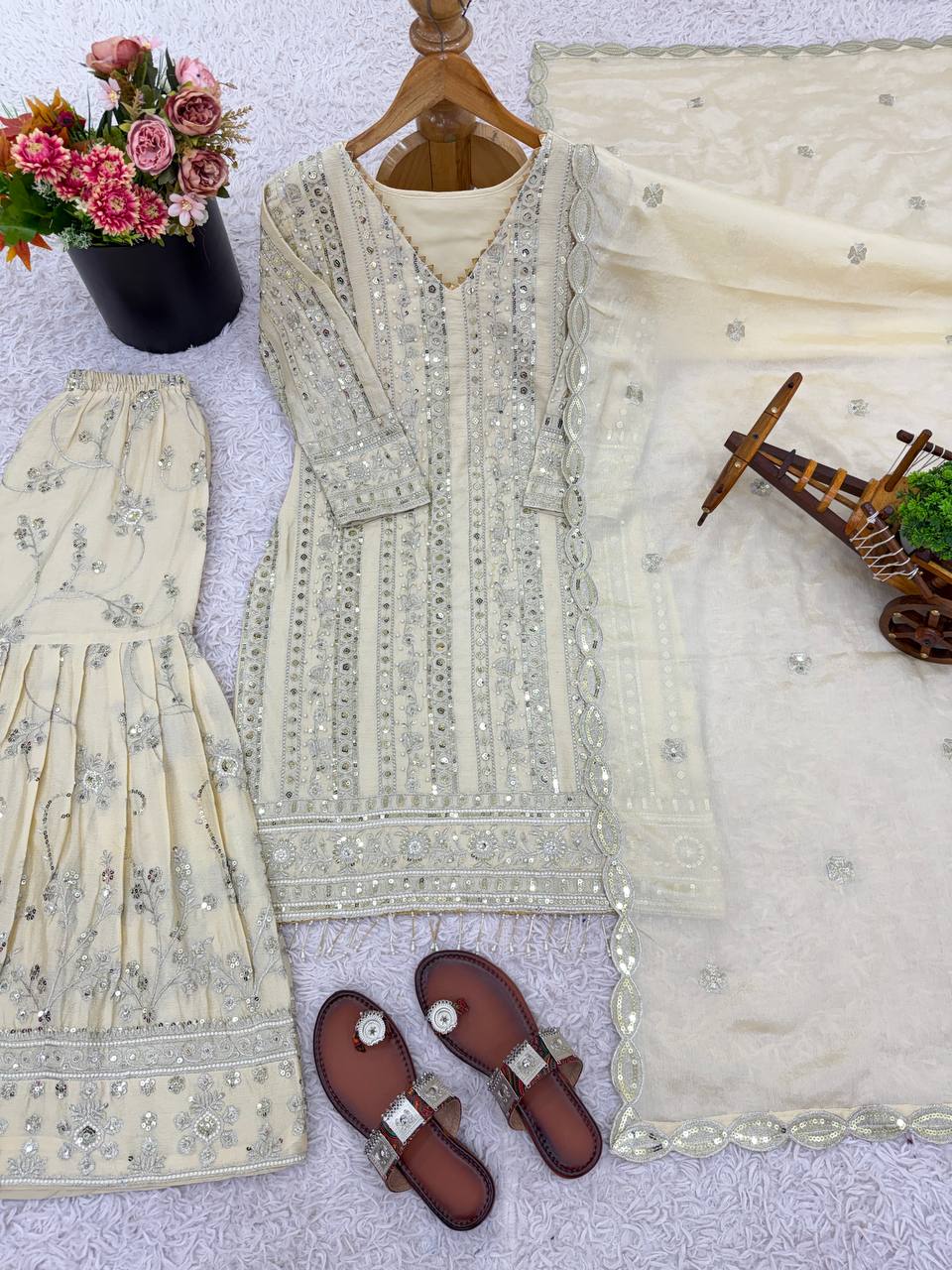 Orvina Designer Ivory Sharara Suit Set With Heavy Sequins & Embroidery Detailing Work