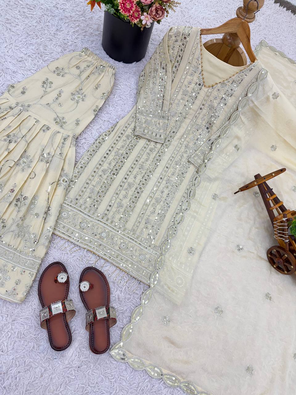 Orvina Designer Ivory Sharara Suit Set With Heavy Sequins & Embroidery Detailing Work