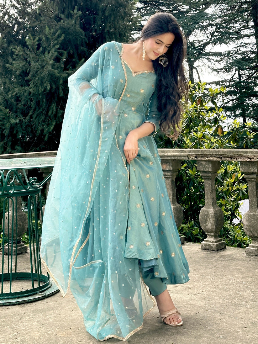 Parthi Sky Blue Anarkali Suit with Net Dupatta
