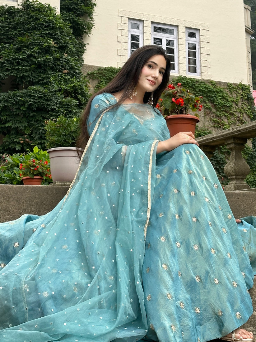 Parthi Sky Blue Anarkali Suit with Net Dupatta