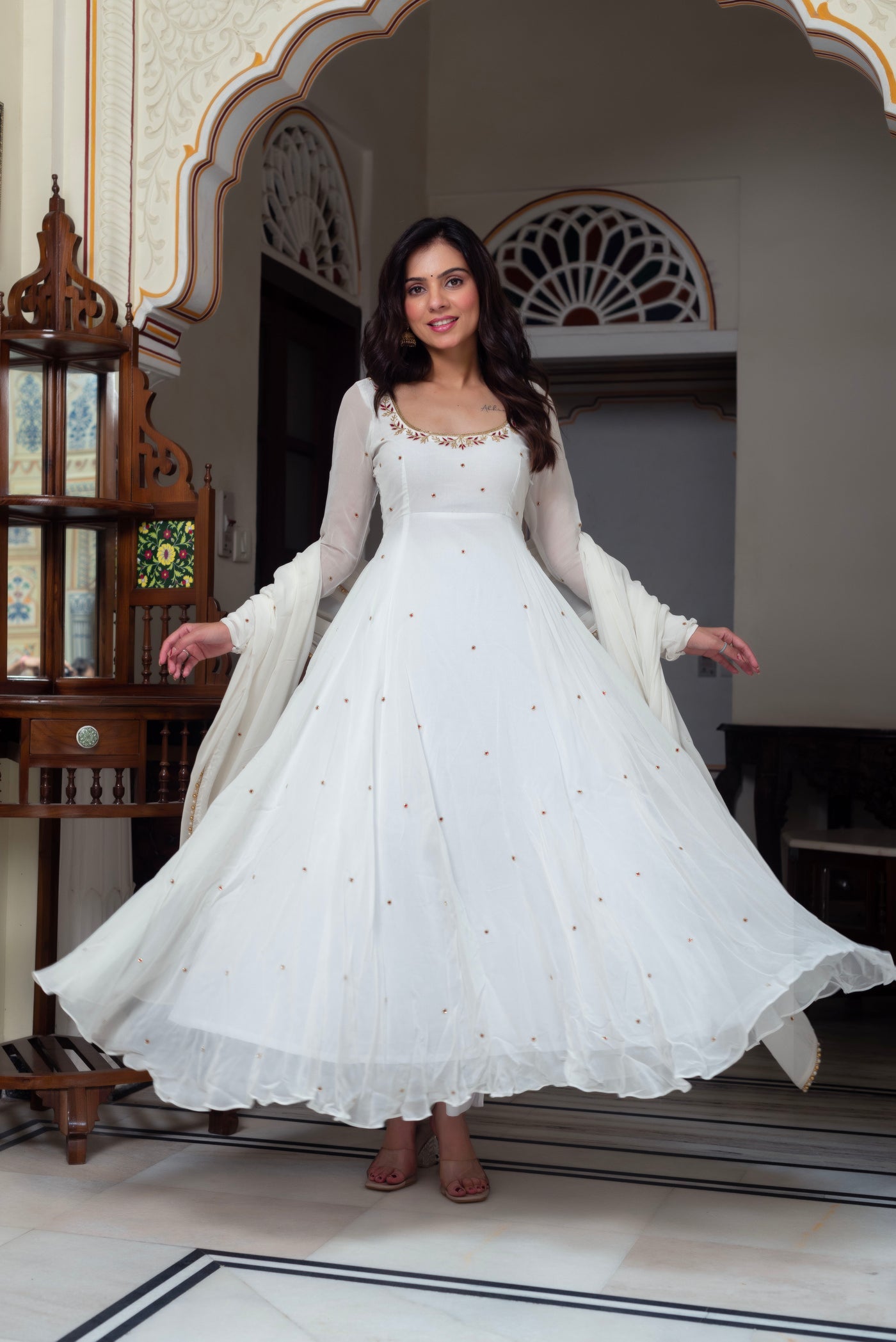 Pavitra White Georgette Hand Work Anarkali Suit Set With Dupatta