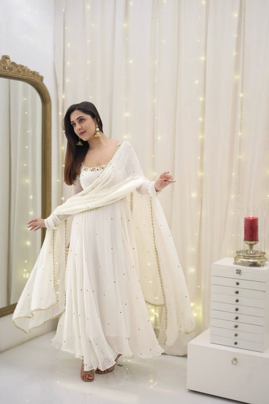 Pavitra White Georgette Hand Work Anarkali Suit Set With Dupatta