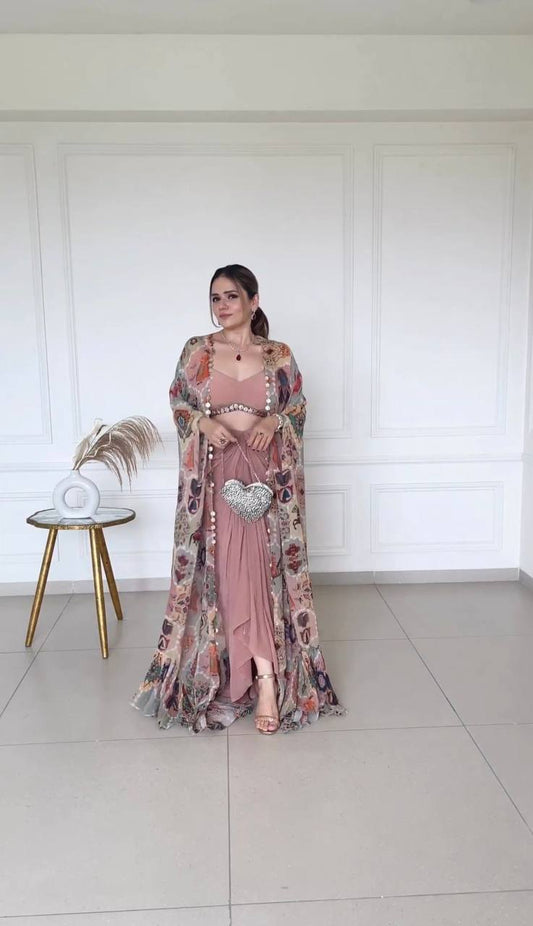 Peach Color 3 Piece Set With Digital Print Shrug Western Party Wear