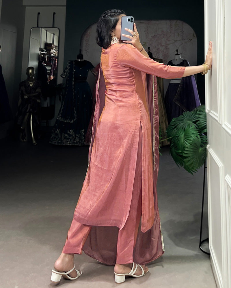 Peach Color Viscose Tissue Three Piece Salwar Suit