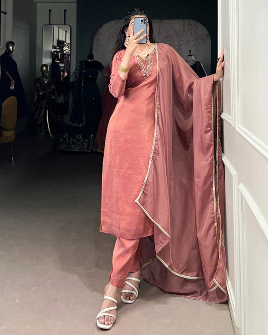 Peach Color Viscose Tissue Three Piece Salwar Suit