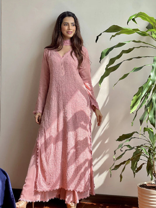 Peach Georgette Chikankari Embroidery Palazzo Set