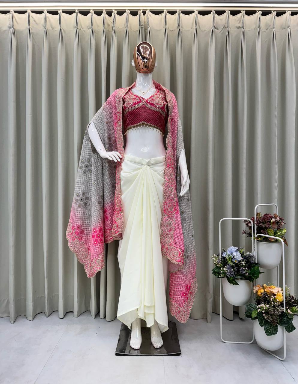Pink Embroidered Blouse with Cream Drape Skirt & Matching Dupatta Indo Western