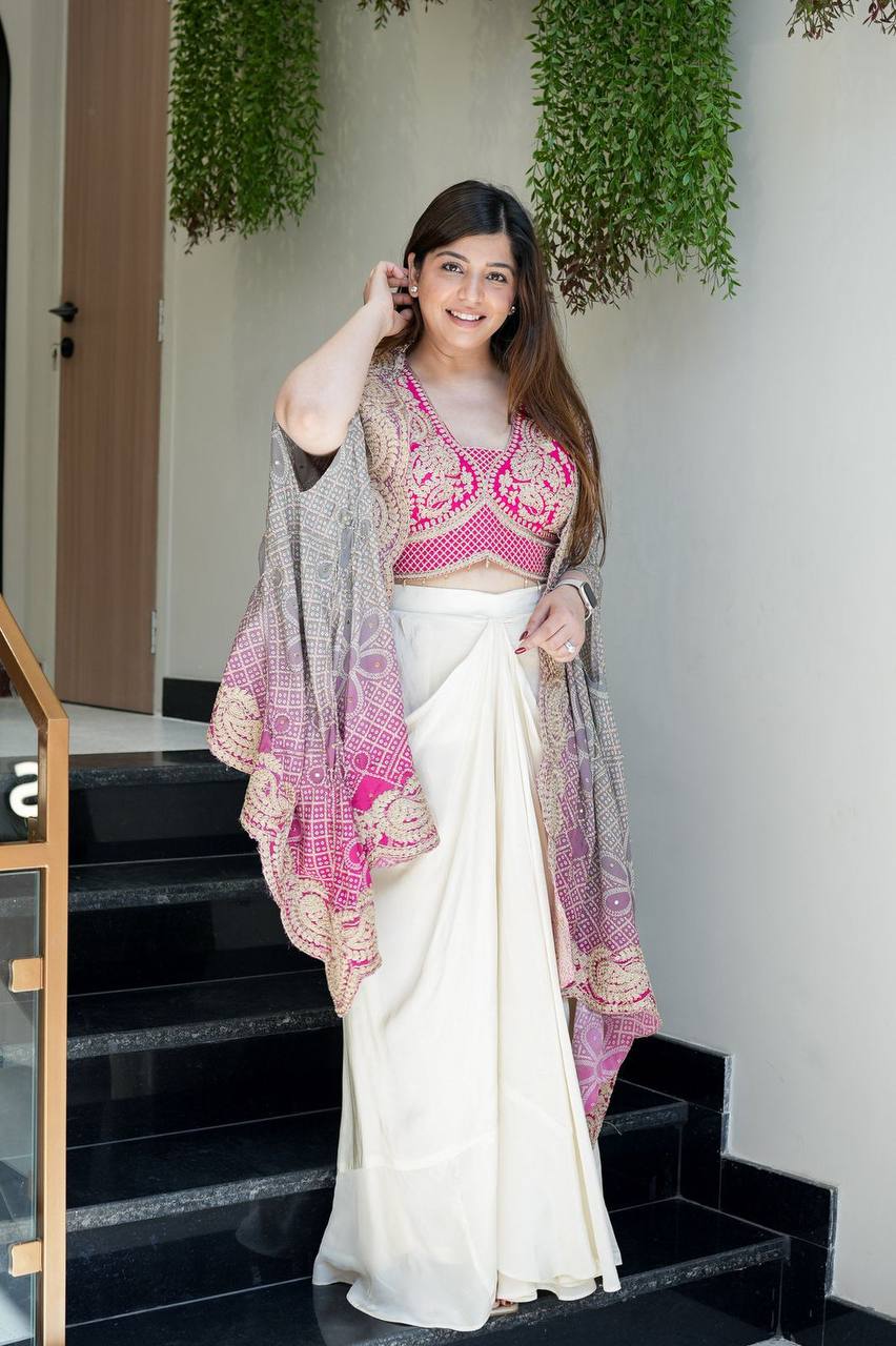 Pink Embroidered Blouse with Cream Drape Skirt & Matching Dupatta Indo Western