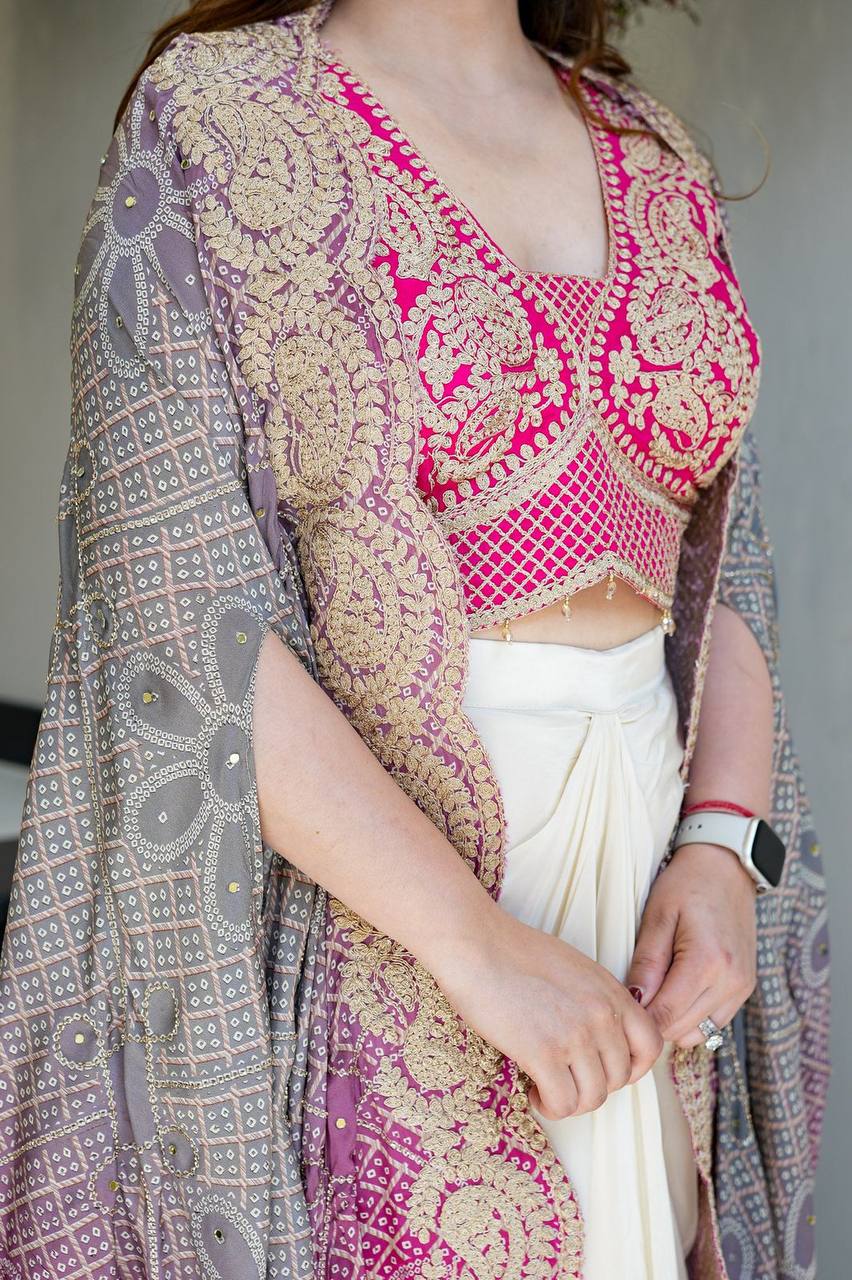 Pink Embroidered Blouse with Cream Drape Skirt & Matching Dupatta Indo Western