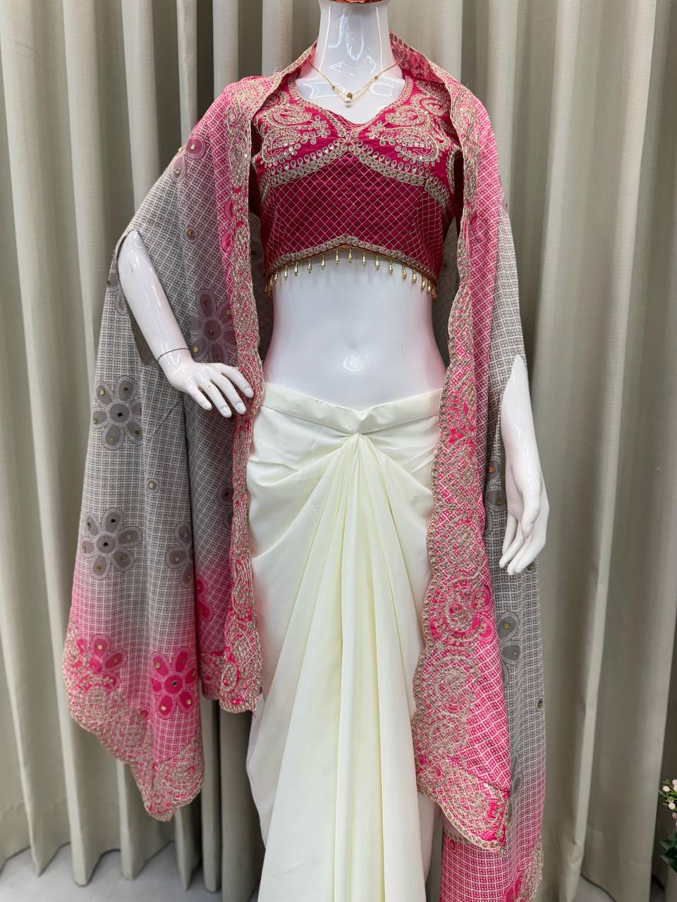 Pink Embroidered Blouse with Cream Drape Skirt & Matching Dupatta Indo Western