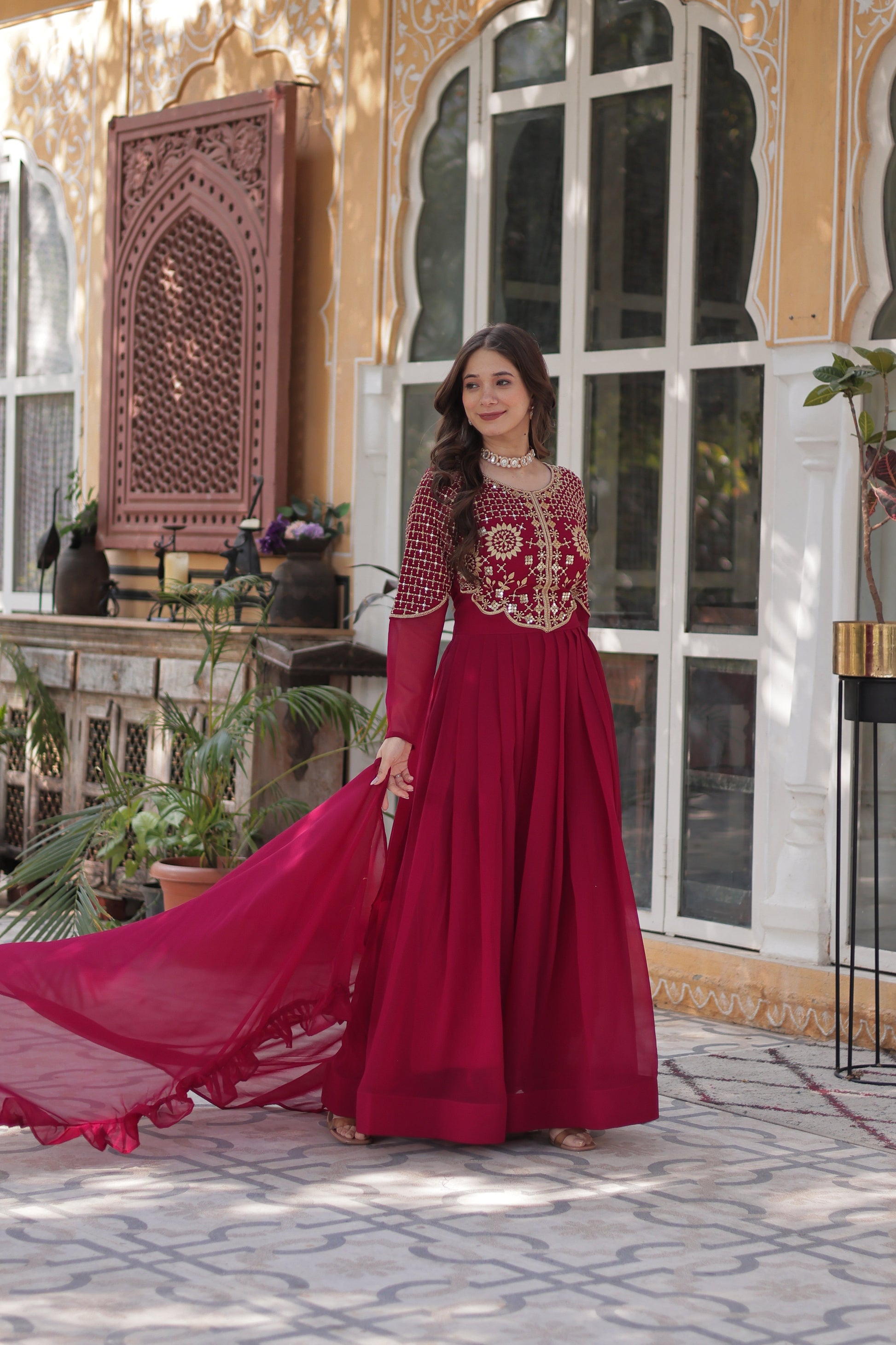 Pink Georgette Embroidered Ethnic Wear Dress