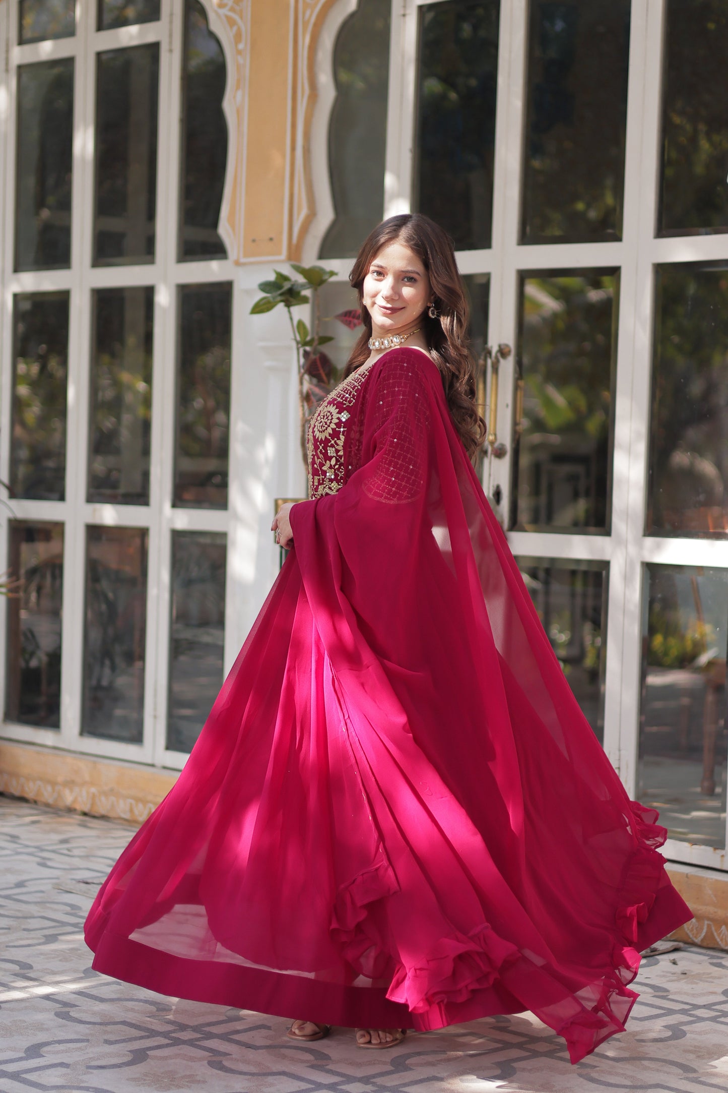 Pink Georgette Embroidered Ethnic Wear Dress