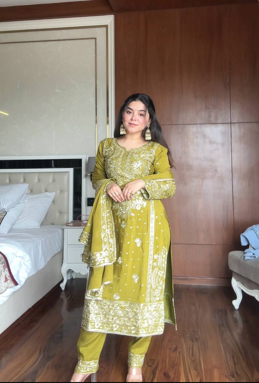 Pretty Mehndi Color Full Heavy Sequence Work Salwar Suit With Dupatta For Occasion