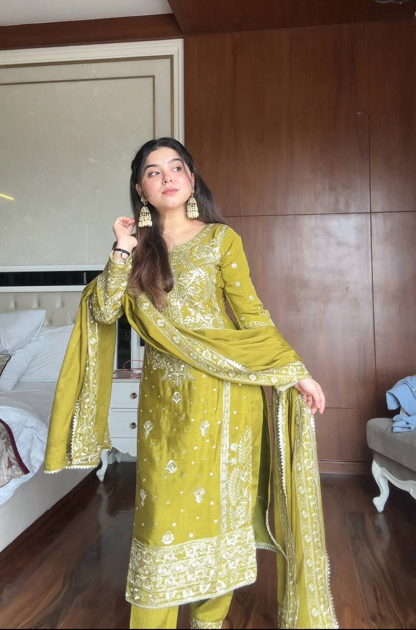 Pretty Mehndi Color Full Heavy Sequence Work Salwar Suit With Dupatta For Occasion