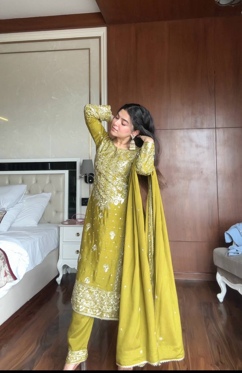Pretty Mehndi Color Full Heavy Sequence Work Salwar Suit With Dupatta For Occasion