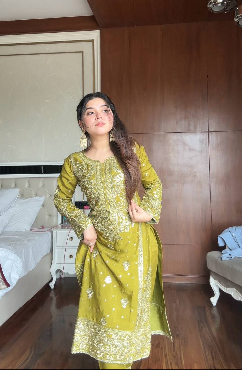 Pretty Mehndi Color Full Heavy Sequence Work Salwar Suit With Dupatta For Occasion