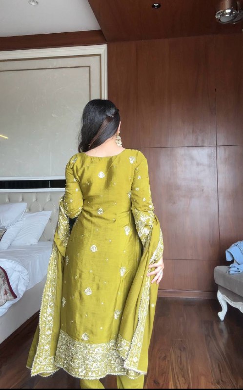 Pretty Mehndi Color Full Heavy Sequence Work Salwar Suit With Dupatta For Occasion