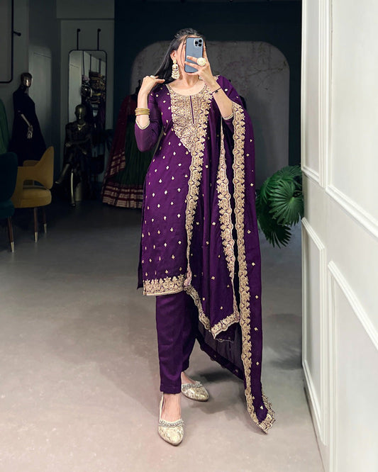 Purple Color Vichitra Silk Embroidered Three Piece Salwar Suit