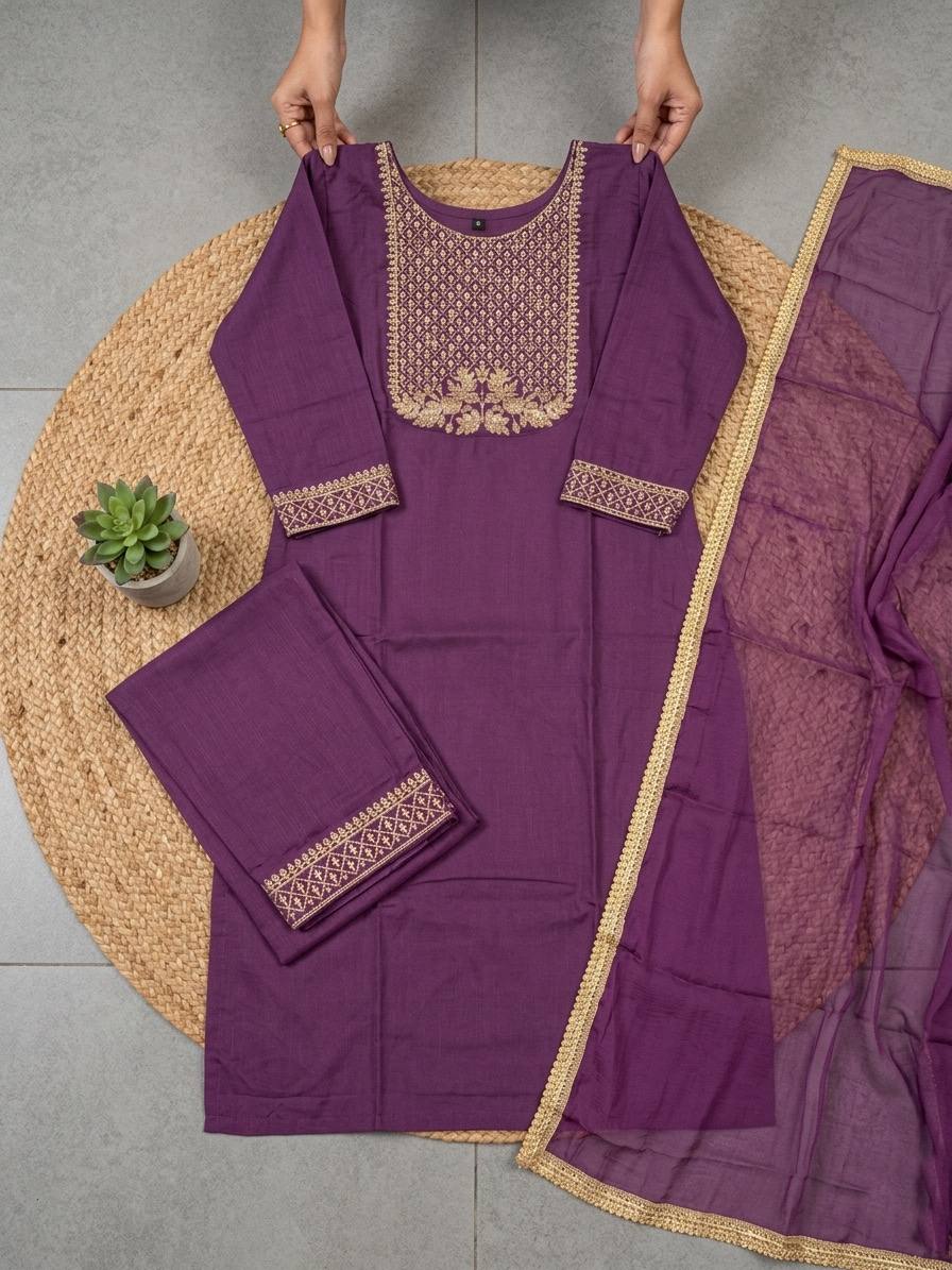 Purple Embroidered Kurta Set with Dupatta for Women