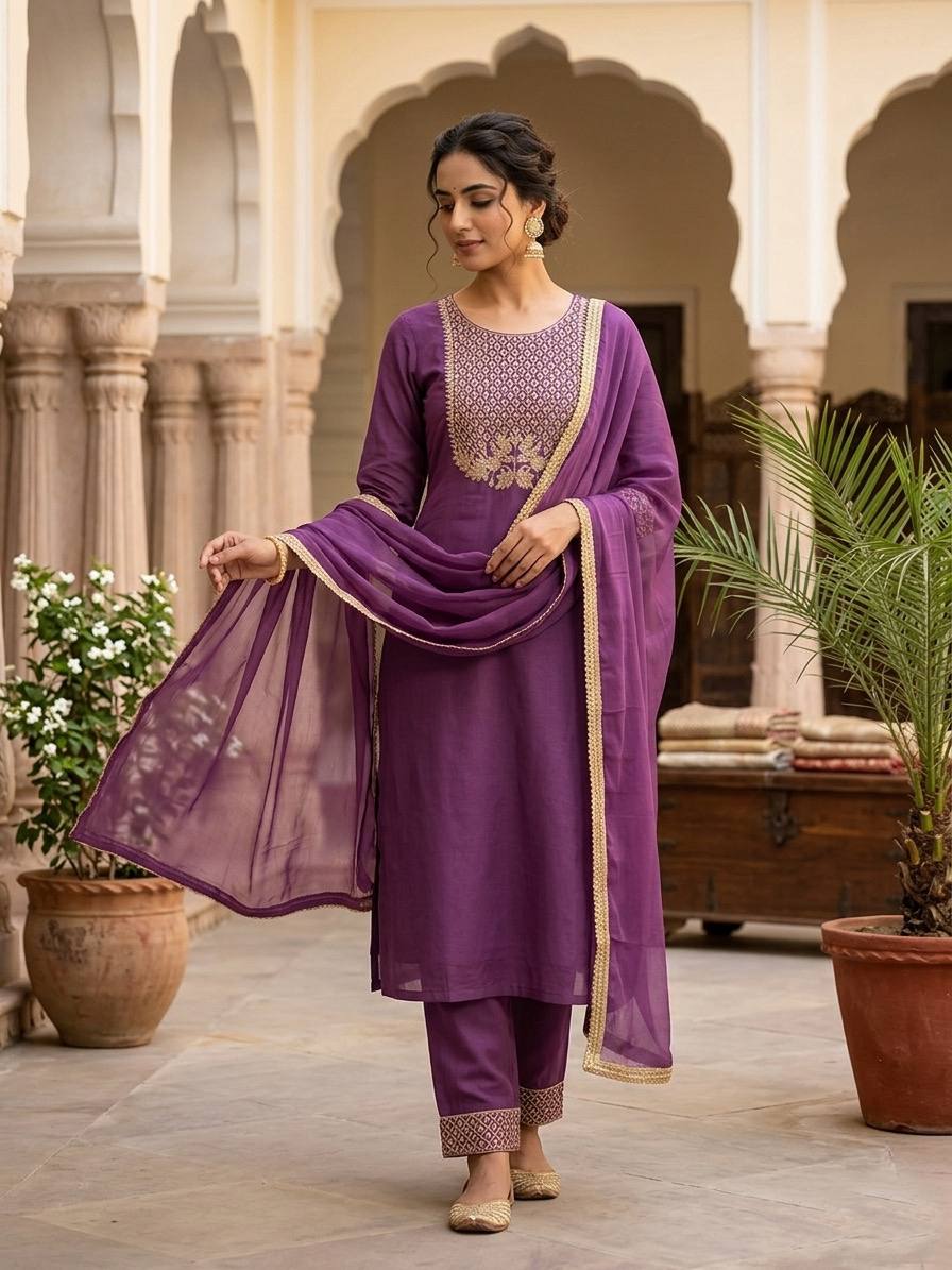 Purple Embroidered Kurta Set with Dupatta for Women