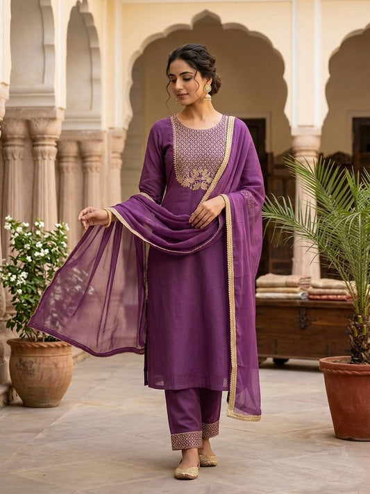 Purple Embroidered Kurta Set with Dupatta for Women