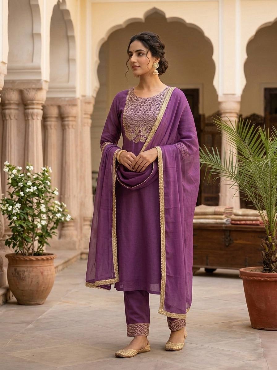 Purple Embroidered Kurta Set with Dupatta for Women