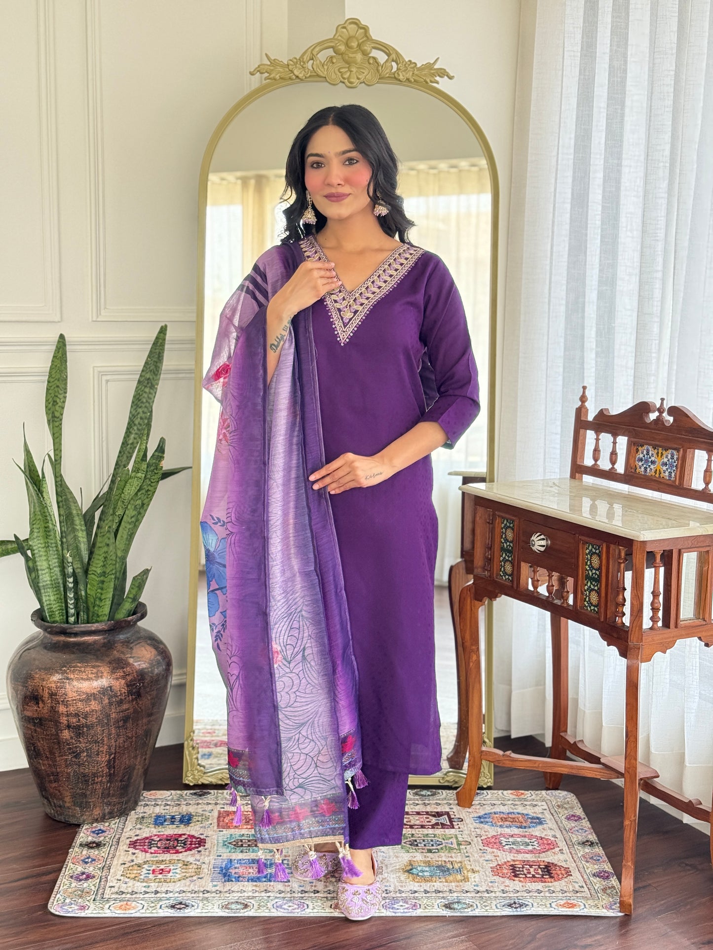 Purple Embroidered Silk Blend Straight Suit Set With Dupatta