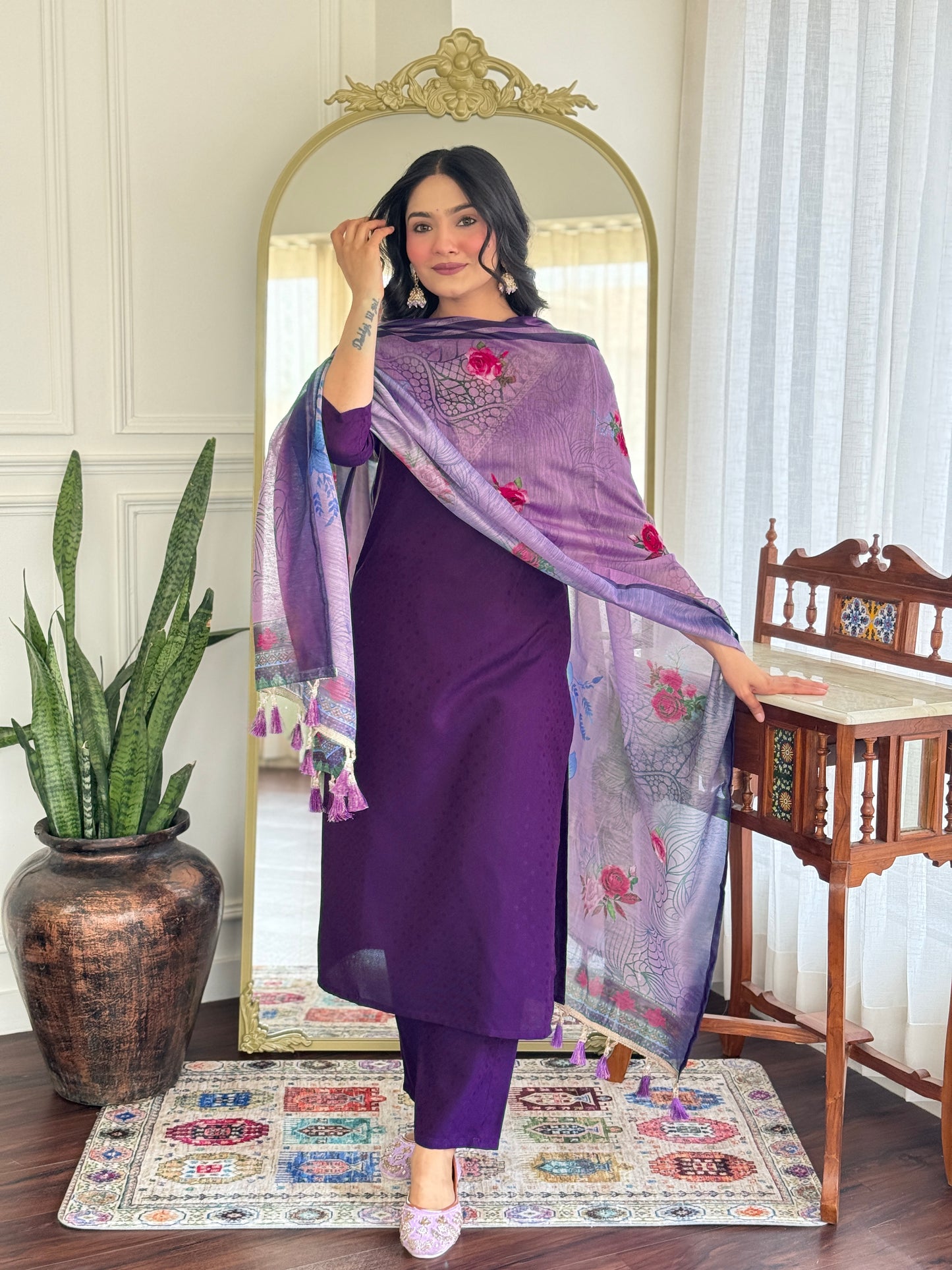 Purple Embroidered Silk Blend Straight Suit Set With Dupatta