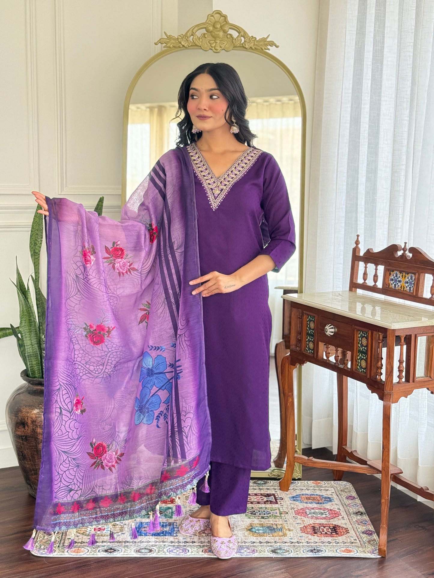 Purple Embroidered Silk Blend Straight Suit Set With Dupatta