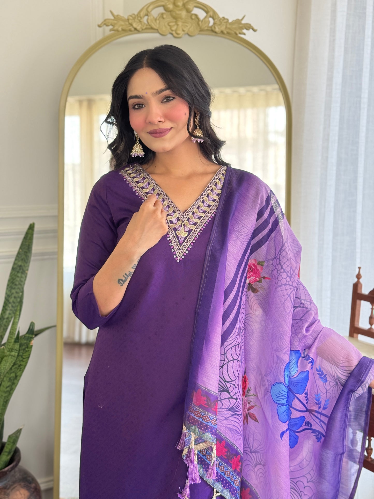 Purple Embroidered Silk Blend Straight Suit Set With Dupatta