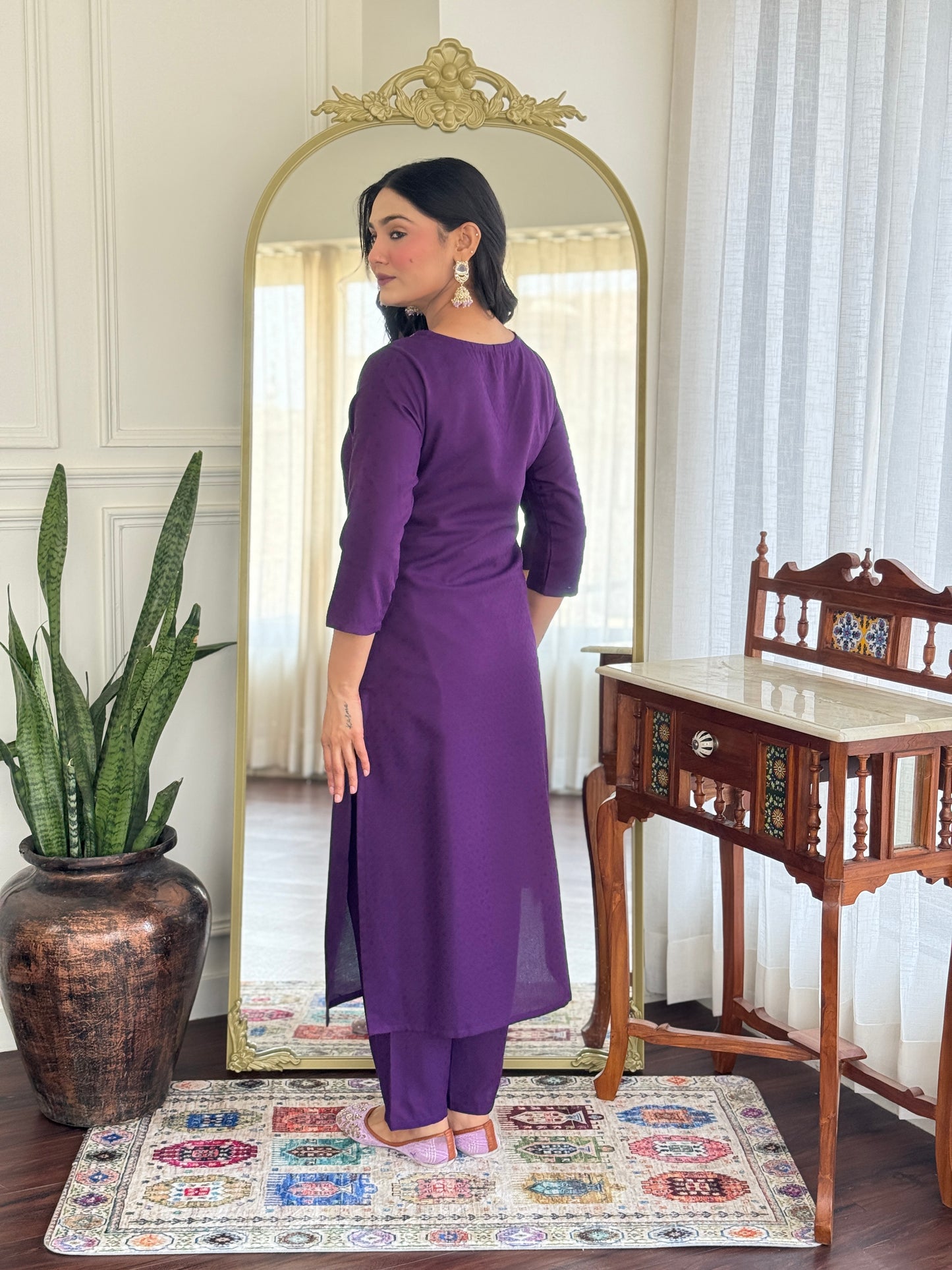 Purple Embroidered Silk Blend Straight Suit Set With Dupatta