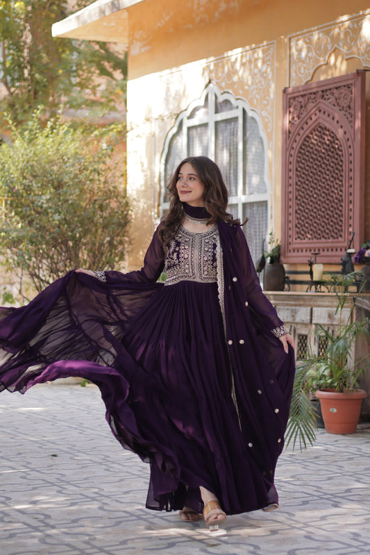 Purple Georgette Embroidered Ethnic Dress