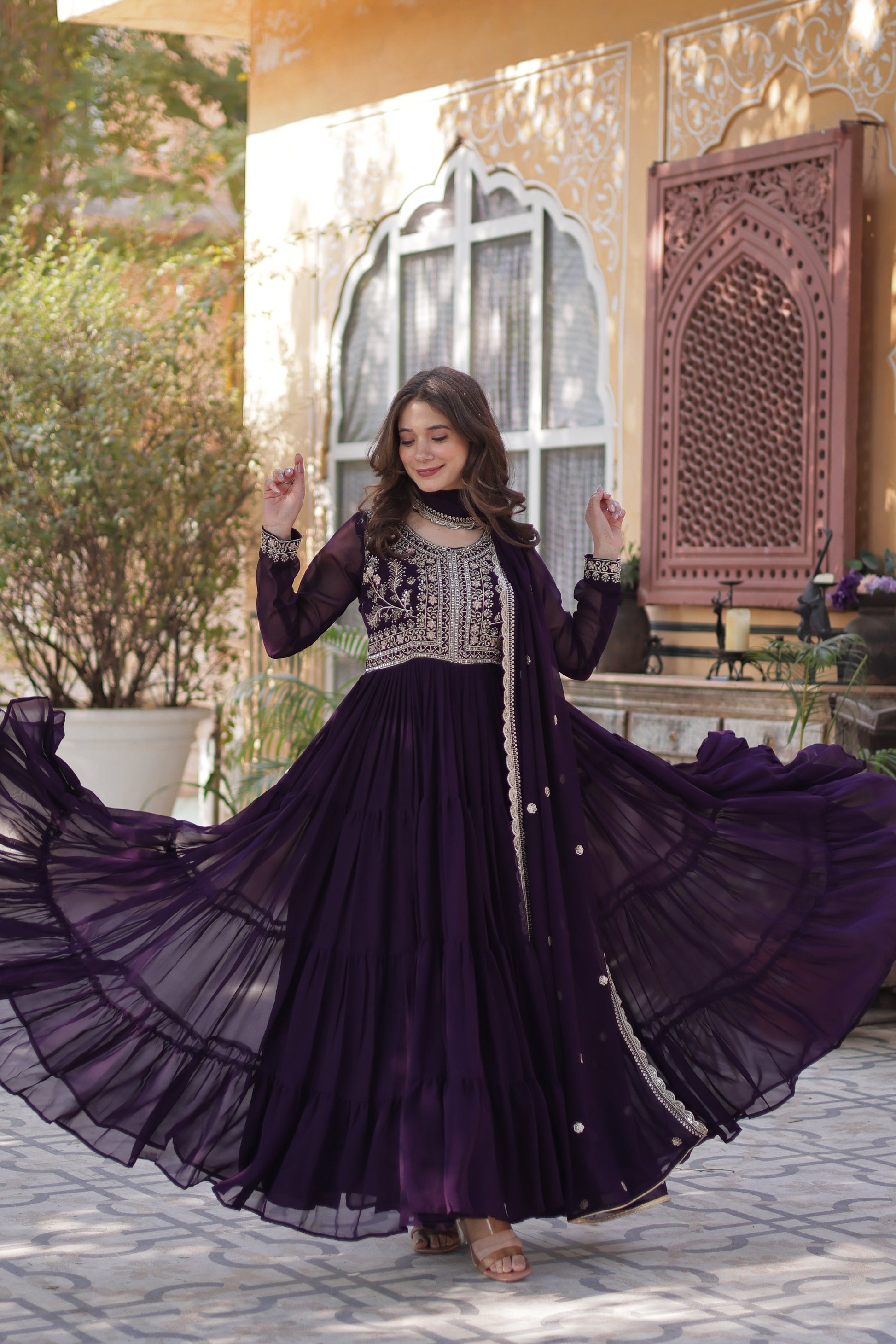 Purple Georgette Embroidered Ethnic Dress