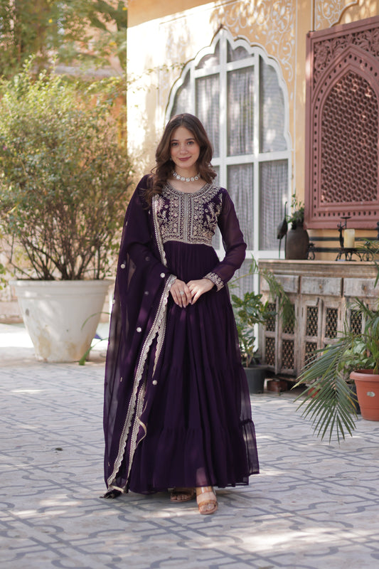 Purple Georgette Embroidered Ethnic Dress