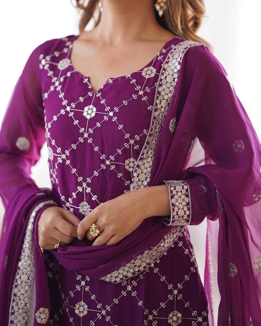 Purple Georgette Embroidered Sharara Suit
