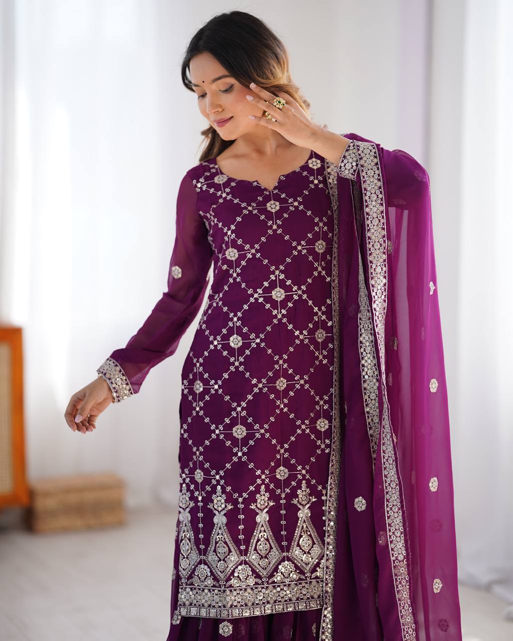 Purple Georgette Embroidered Sharara Suit