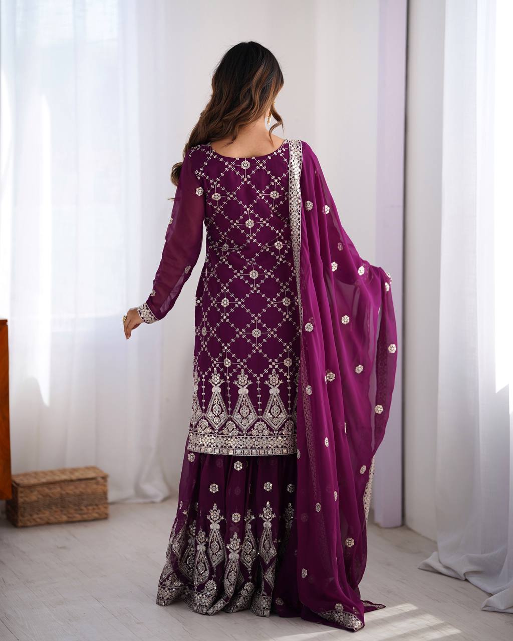 Purple Georgette Embroidered Sharara Suit