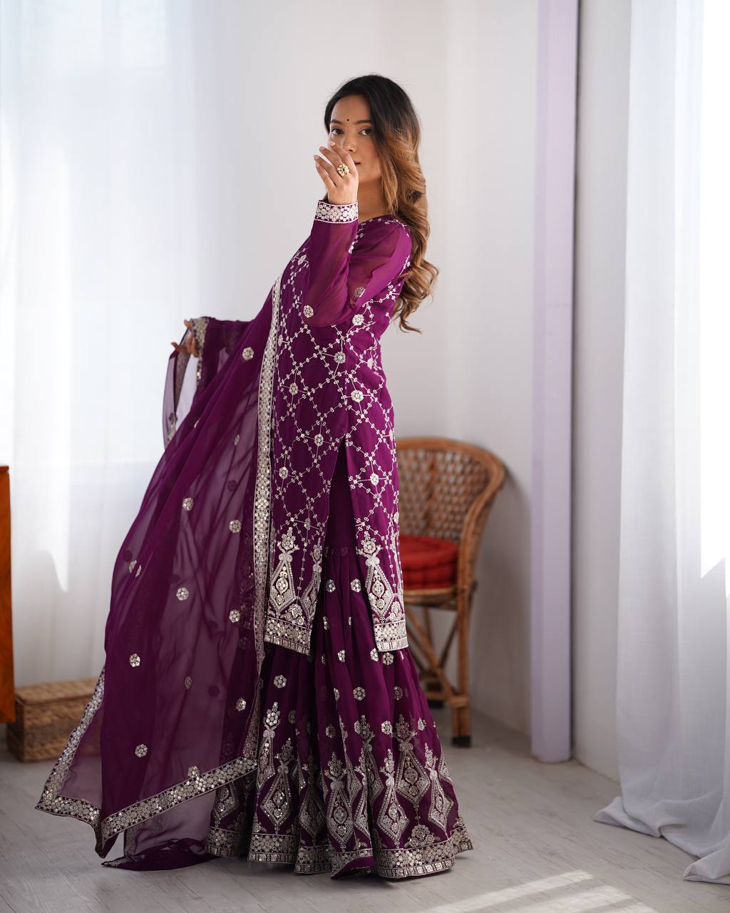 Purple Georgette Embroidered Sharara Suit